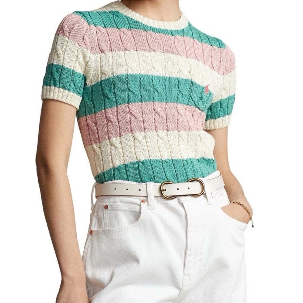 Vintage Polo Ralph Lauren Cable Knit Short Sleeve Sweater XS Striped Preppy